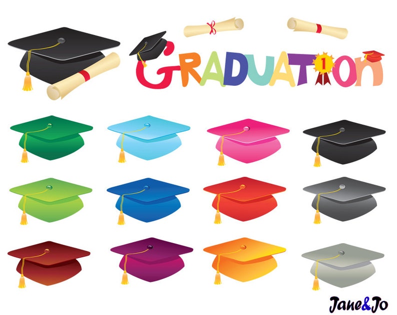 May include: A set of 12 graduation caps in various colours, including black, green, blue, red, maroon, purple, orange, and grey. Each cap has a gold tassel and is set against a white background. The word "GRADUATION" is written in colourful letters above the caps.