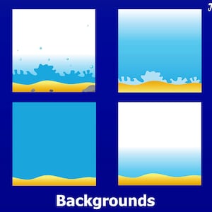 May include: Four different backgrounds featuring a blue ocean and yellow sand. The top left background has a white sky and blue water with white foam and bubbles. The top right background has a blue sky and blue water with white foam. The bottom left background has a blue sky and blue water. The bottom right background has a white sky and blue water.