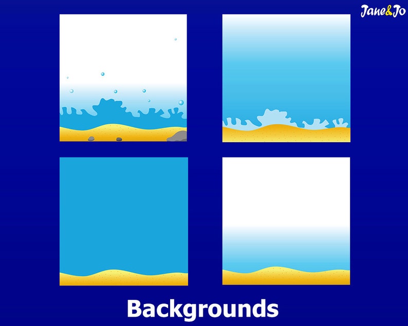 May include: Four different backgrounds featuring a blue ocean and yellow sand. The top left background has a white sky and blue water with white foam and bubbles. The top right background has a blue sky and blue water with white foam. The bottom left background has a blue sky and blue water. The bottom right background has a white sky and blue water.