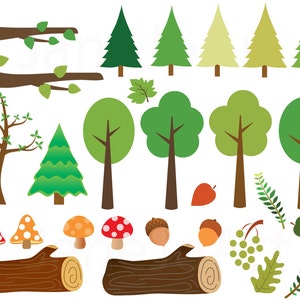 May include: A set of green and brown forest themed clipart images. The set includes trees, branches, leaves, acorns, mushrooms, and logs.