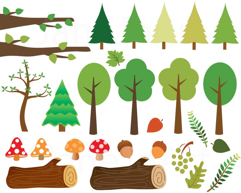 May include: A set of green and brown forest themed clipart images. The set includes trees, branches, leaves, acorns, mushrooms, and logs.