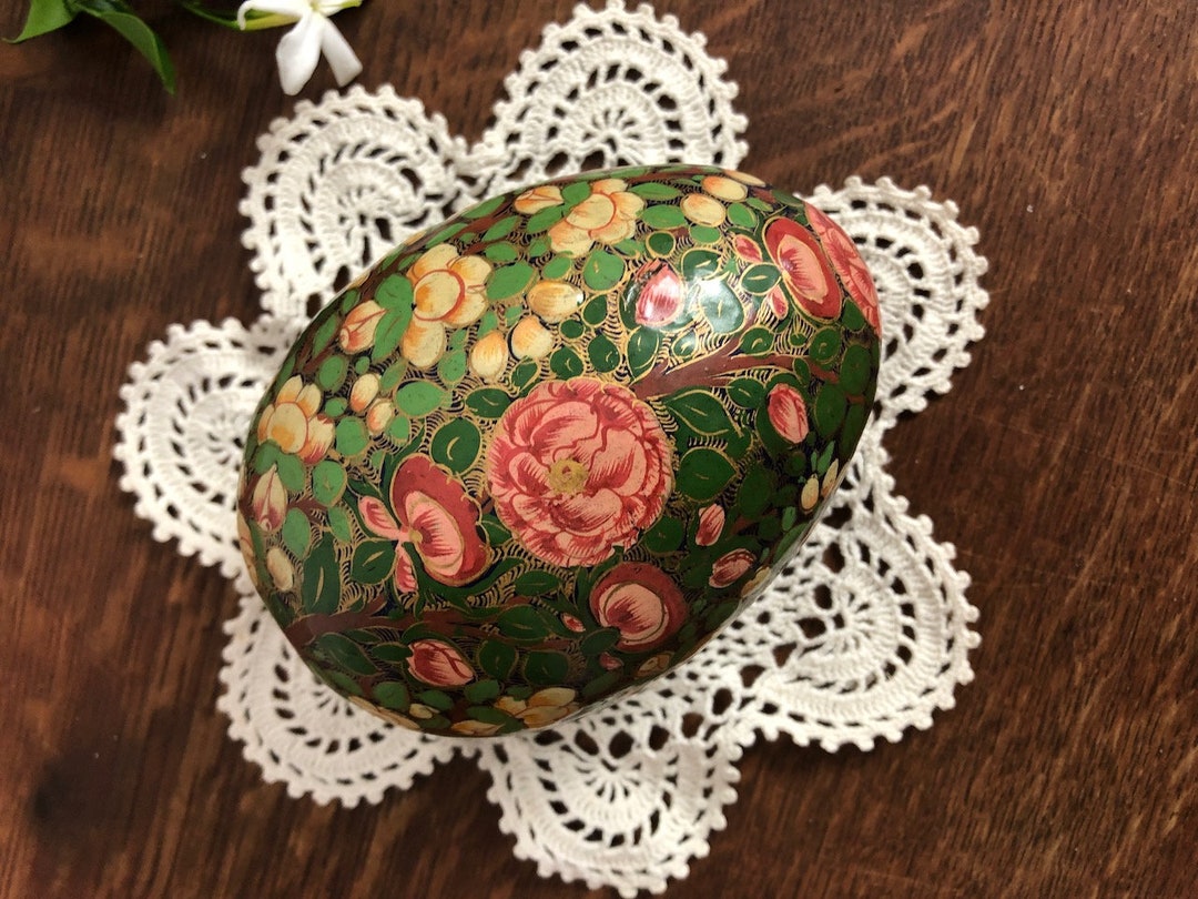 Vintage Kashmiri Papier Mache Egg Shaped Lidded Trinket Box Etsy