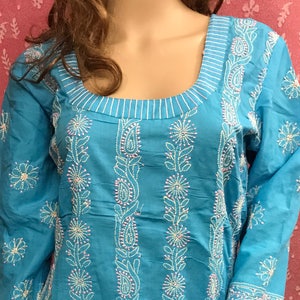 Lucknow Chikan Hand Embroidery Long Soft Cotton Indian Ethnic  Kurti  Kurta Tunic