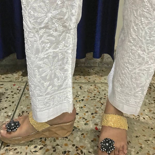 India Chikan White Hand Embroidered Chikankari Cotton Straight Pant :Elasticated Waistband