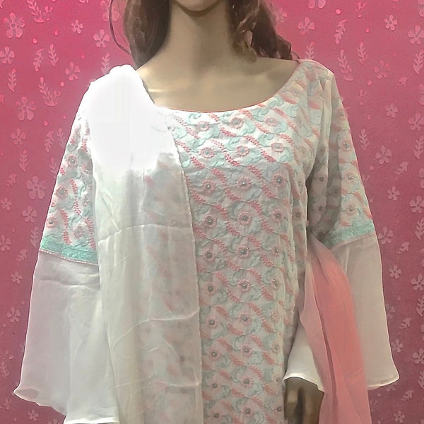 IndiaChikan Exclusive Designer Lucknow Chikankari Full set of fine Chikan Cotton Kurti, Bottom and Dupatta- Cutdana work -Lining Attached