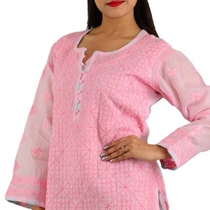Chikankari Top IndiaChikan Pink Floral Casual Short Cotton Kurti Kurta with Charming Hand Embroidery