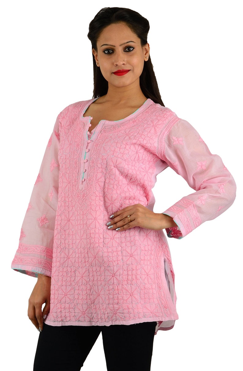 Chikankari Top Indiachikan Pink Floral Casual Short Cotton - Etsy