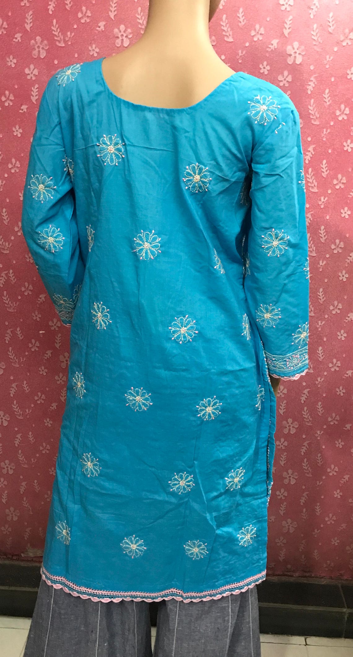 Lucknow Chikan Hand Embroidery Long Soft Cotton Indian Ethnic Kurti