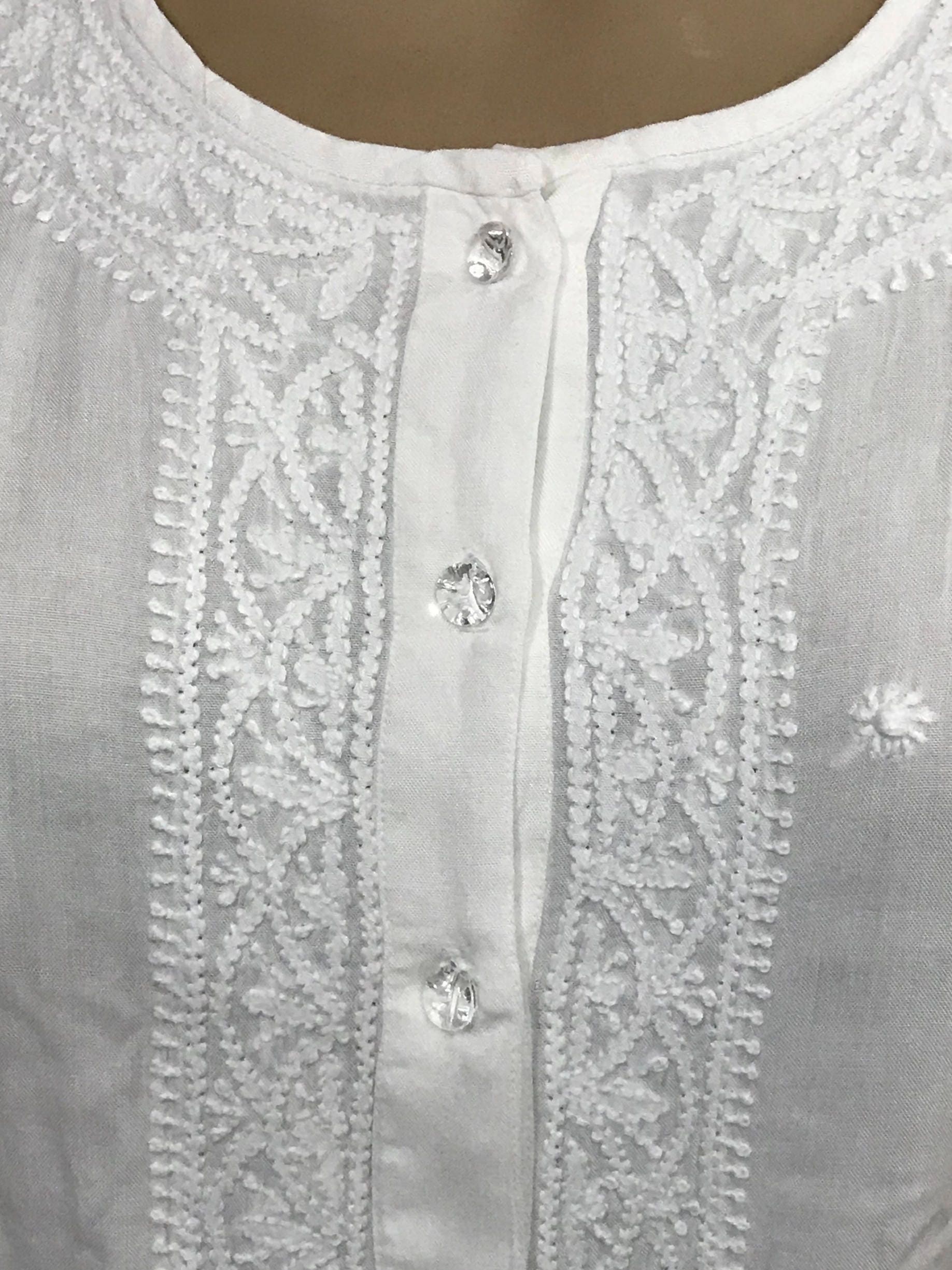 White Bell-sleeved Chikankari Hand Embroidered Short Cotton Top Front ...