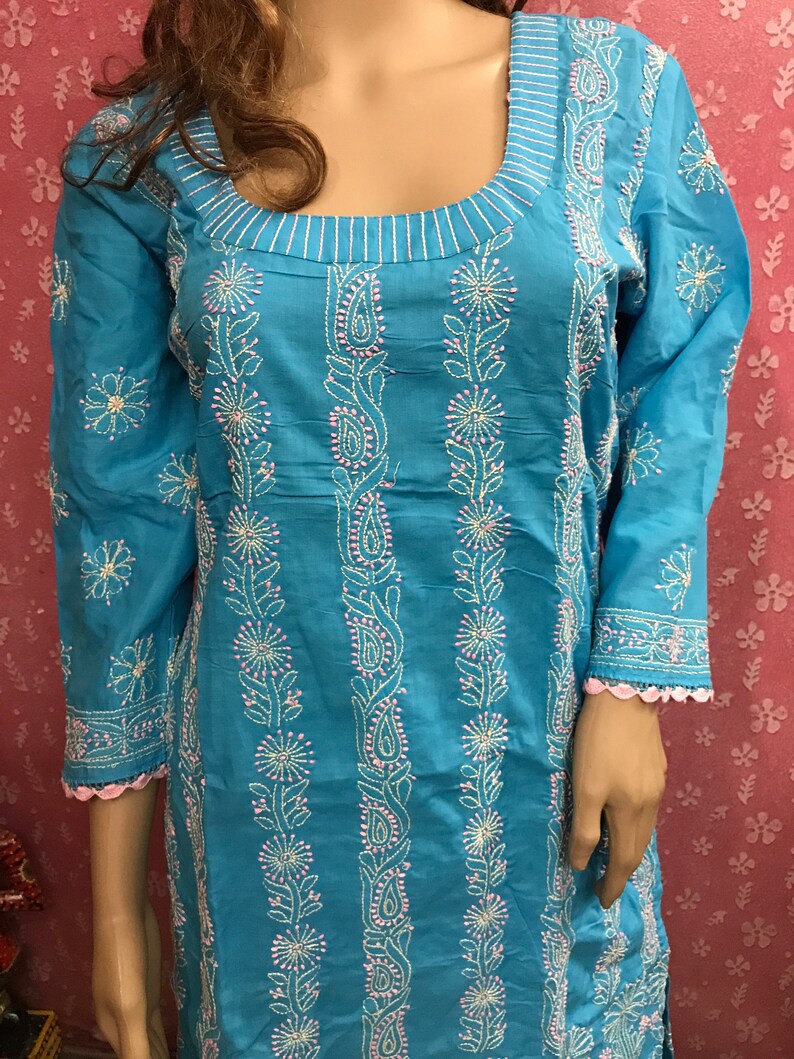 Lucknow Chikan Hand Embroidery Long Soft Cotton Indian Ethnic Kurti