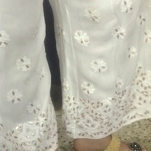 Off White  Designer Ethnic Pant Style Palazzo Trousers with Lining Hand Chikankari Embroidery and Gotta Patti work: Elasticated Waistband