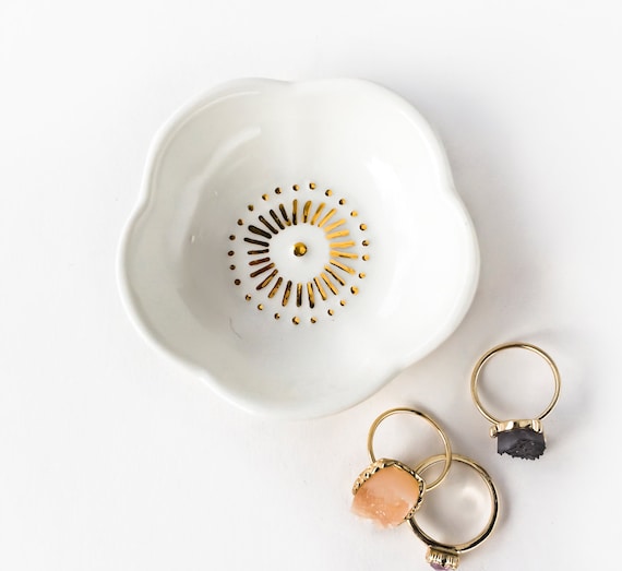 Flower Jewelry Dish, White and Gold Ring Dish, Hostess Gift, Wedding Decor, Porcelain Ring Dish, White and Gold Ring Dish