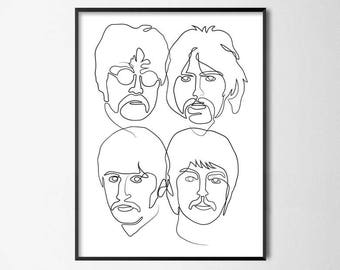 Retratos de los Beatles dibujados con línea continua - Póster de arte de pared de los Fab Four // Lámina para oficina musical // Decoración del hogar de la Beatlemanía