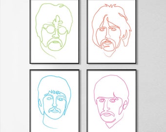 4 retratos de los Beatles dibujados con línea continua - Póster de arte de pared de los Fab Four // Lámina musical para oficina // Decoración del hogar Beatlemania
