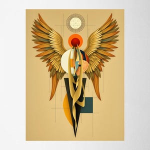 Op de afbeelding: Abstracte kunstprint met een gestileerde engel met gouden vleugels, een rode halo en geometrische vormen in oranje, zwart en wit. Het kunstwerk is geplaatst tegen een beige achtergrond met een rasterpatroon, wat een moderne compositie creëert.