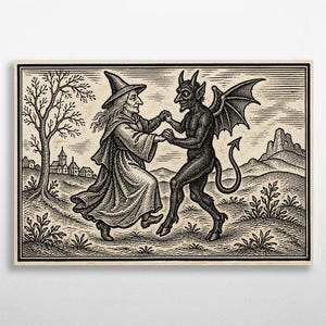 May include: Black and white vintage illustration of a witch dancing with a devil. The witch wears a pointed hat and flowing robes. The devil has horns, wings, and a tail. A tree, buildings, and mountains are in the background.