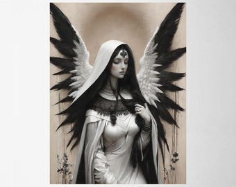Arte mural de ángel oscuro / Impresión de ángel gótico / Ilustración de fantasía celestial / Imagen surrealista en blanco y negro