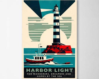 Vintage Lighthouse Travel Poster - Coastal Wall Art - Nautical Decor - Beach House Print - Ocean Illustration - Seaside Artwork
