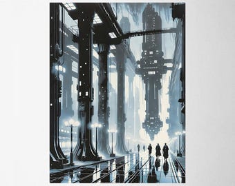 Neon cyberpunk-stadsgezicht print | Futuristische scifi-muurkunst | Dystopische architectuurillustratie | Kunstposter voor gamers en sciencefictionliefhebbers