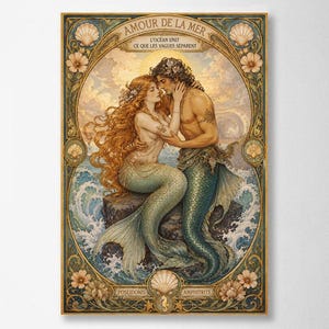 Art Nouveau Mermaid Wall Art - Poseidon and Amphitrite Print - Mythology Couple Poster - Romantic Ocean Decor - Sea Goddess Artwork