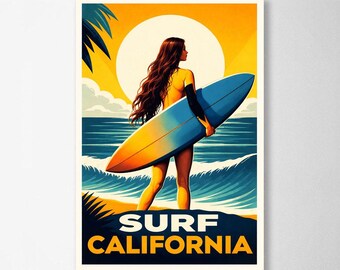 Surf California Poster - Vintage Beach Wall Art - Retro Surf Print - Coastal Sunset Artwork - Surfer Girl Decor - Summer Ocean Illustration
