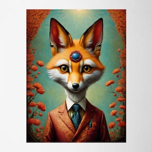 May include: A whimsical illustration of a fox wearing a suit and tie, adorned with a jewel on its forehead. The fox has orange fur, a white face, and is set against a backdrop of orange foliage and a teal background.