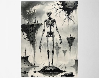 May include: A black and white surreal art print featuring a skeletal figure standing on a small island. The artwork depicts floating structures and ships in a misty landscape, creating a haunting and imaginative scene.