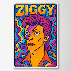 Może przedstawiać: Kolorowy wydruk artystyczny przedstawiający portret osoby z fioletowymi włosami i błyskawicą na twarzy. Słowo "ZIGGY" jest wyświetlane dużymi, psychodelicznymi literami nad portretem. Tło ma falisty, żywy wzór.