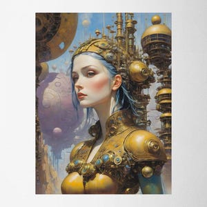 May include: An artistic rendering of a woman with blue hair and fair skin, adorned in golden, steampunk-inspired attire. The background features a futuristic cityscape with spherical and cylindrical structures, painted in soft pastel colors.