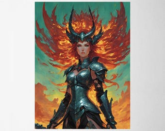 Valkyrie Warrior Print | Fiery Fantasy Female Knight Wall Art | Norse Mythology Illustration | Epic Fantasy Decor