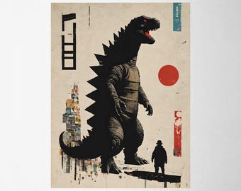 Urban Titan – Minimalistyczny plakat Kaiju inspirowany Godzillą | Nowoczesny japoński wydruk artystyczny | Dekoracja ścienna z sylwetką potwora