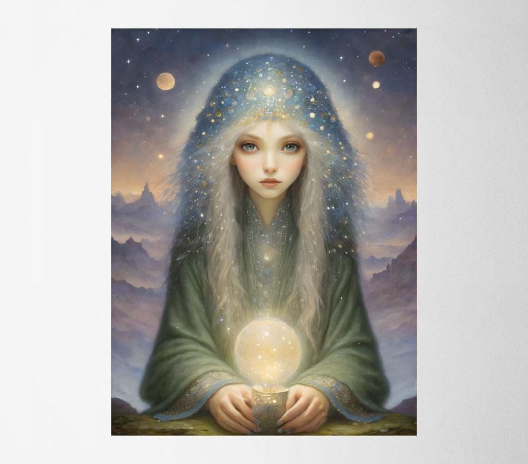 Ethereal Fantasy Woman Art Print | Mystical Light Orb Illustration ...