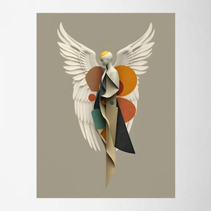 May include: An abstract art print featuring a stylized angel with large white wings. The figure has a yellow halo and is adorned with geometric shapes in orange, teal, and black against a neutral background.