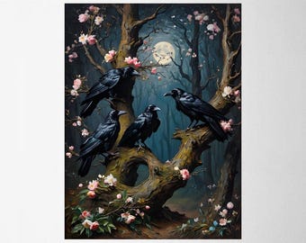 Raven Art Print – Mystical Forest Artwork | Moonlight Crow Painting | Dark Fantasy Wall Decor | Enchanted Woodland Illustration