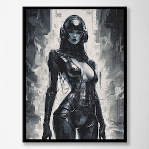 May include: A framed print of a futuristic figure in a black bodysuit and helmet, set against a grayscale cityscape. The artwork features a detailed, stylized depiction of a woman with a sleek, cybernetic aesthetic, emphasizing a blend of human and technological elements.