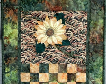 Golden Sunflower Art Quilt, Fiber Art Wall Hanging, Home Decor, Gift for Anyone, 16" x 21"