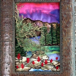 Mountain Landscape Textile Art, Framed Fiber Art, 8” x 10.5”