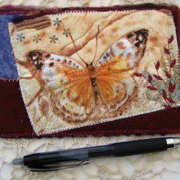 Butterfly Fabric Postcard, Fiber Art Card, Handmade Quilt Card, Gift for Spring, Art to Frame, 6" x 4"