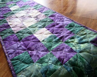Quilted Purple and Green Table Runner, Scrap Fabric Table Mat, 15" x 44"