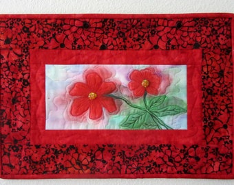 Watercolor Red Flowers Fiber Art, Quilted Wall Hanging, Home Decor, 16" x 10"