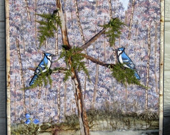 Blue Jay Landscape Art Quilt, Textile Art Wall Hanging, Home Decor, 16" x 20"