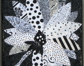 Black and White Flower Art Quilt, Home or Office Decor, Gift Idea, 11" x 14"