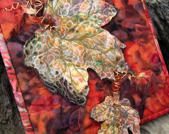 Multi Colored Leaves Miniature Fiber Art Quilt, 8 inch by 8 inch