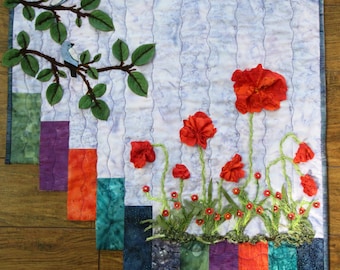 Red Poppy Art Quilt, Fiber Art Wall Hanging, Poppies and Bird Quilt, Home Decor, Wall Art, Gift for Her, 22" x 24"