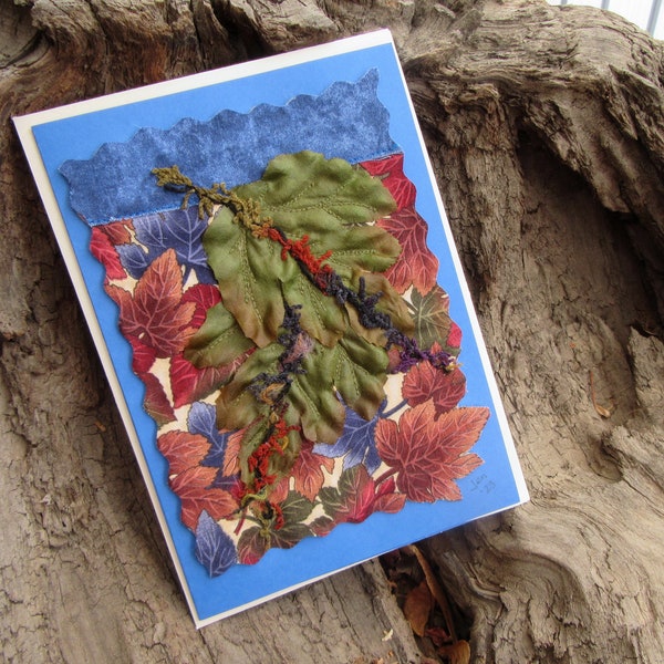 Multi Colored Leaves Fabric Greeting Card, Mini Art Quilt, Leaf Gift Idea, 5 inches by 7 inches