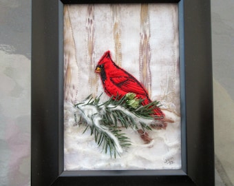 Red Cardinal Landscape Miniature Art Quilt, Framed Fiber Art , Home Decor, 5" x 7"