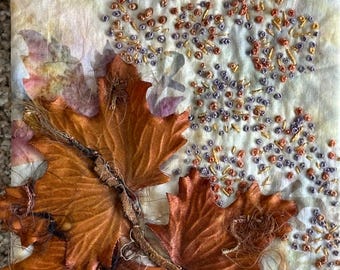 Rustic Leaves Embroidery Art Quilt, 5 inch by 7 inch