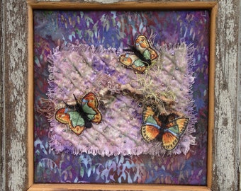 Butterfly Fiber Art Quilkt, Framed Wall Art, Home Decor, 11" x 11"