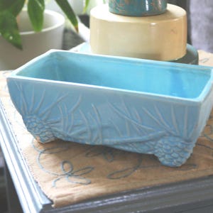 May include: A rectangular light blue ceramic planter featuring a raised relief pattern of pine cones and pine needles on the exterior sides. The vessel has a smooth, glossy finish and is supported by four small, integrated feet at the corners.