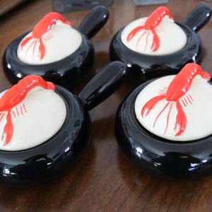 Classic Lobster Vintage Crocks 4 Piece Set, Midcentury Seafood Theme Bowls with Lids